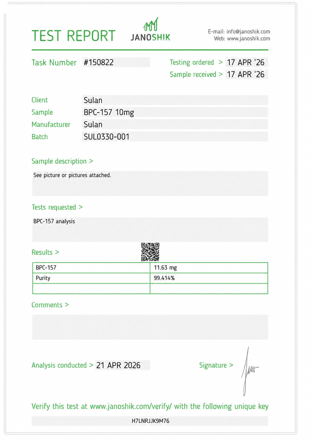 Certificate of Analysis for BPC-157 10mg