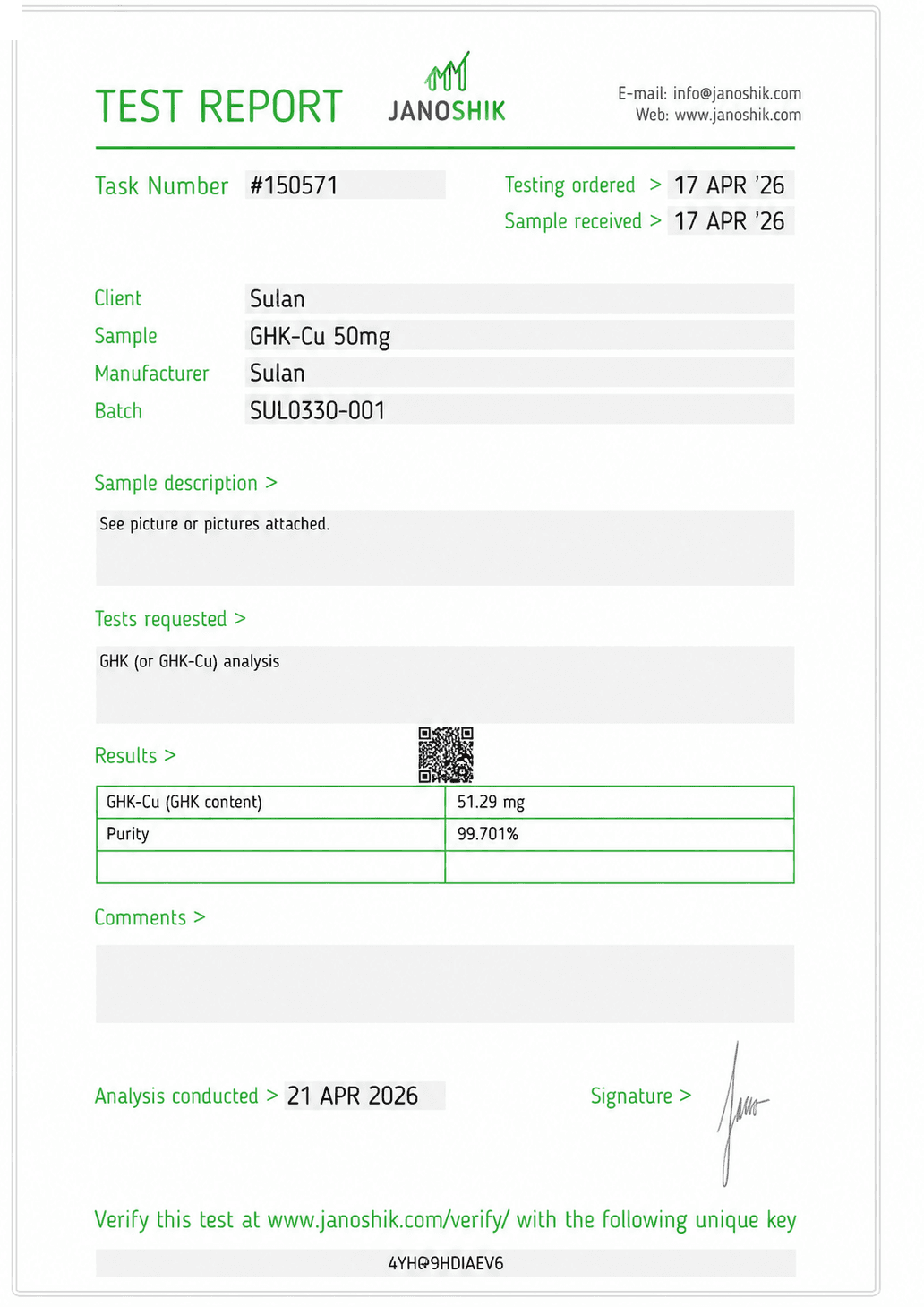 GHK-Cu Certificate of Analysis — third-party tested by Janoshik Analytical